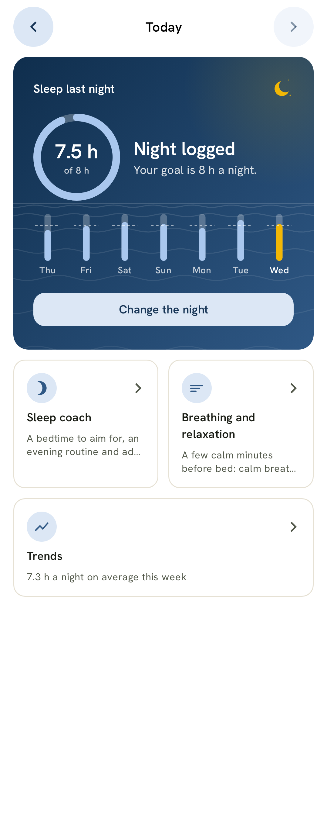The Sleep tab: last night against your goal and the week's nights