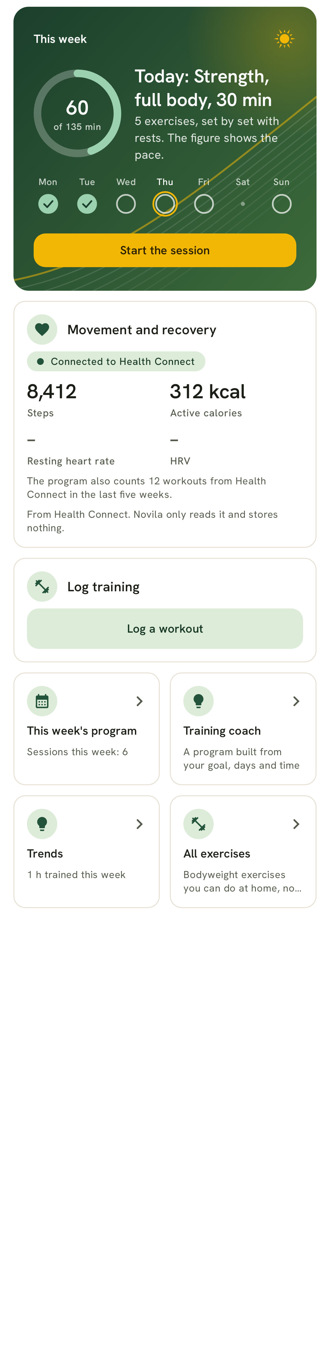 The Training tab: this week's minutes, today's session and recovery